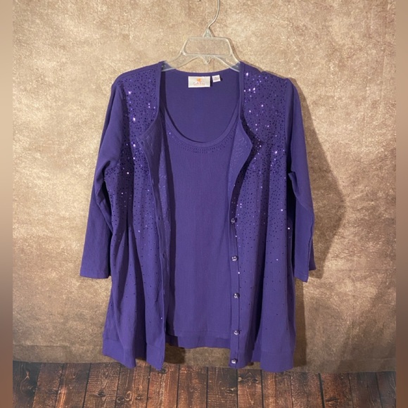 Quacker Factory~Purple‎ 1 piece Tank/Cardigan~Sz L~Sequins & Crystal buttons~EUC - Picture 2 of 5
